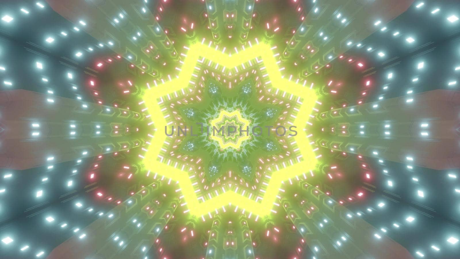 Symmetric 3D illustration of futuristic star shaped ornament shimmering with colorful neon lights