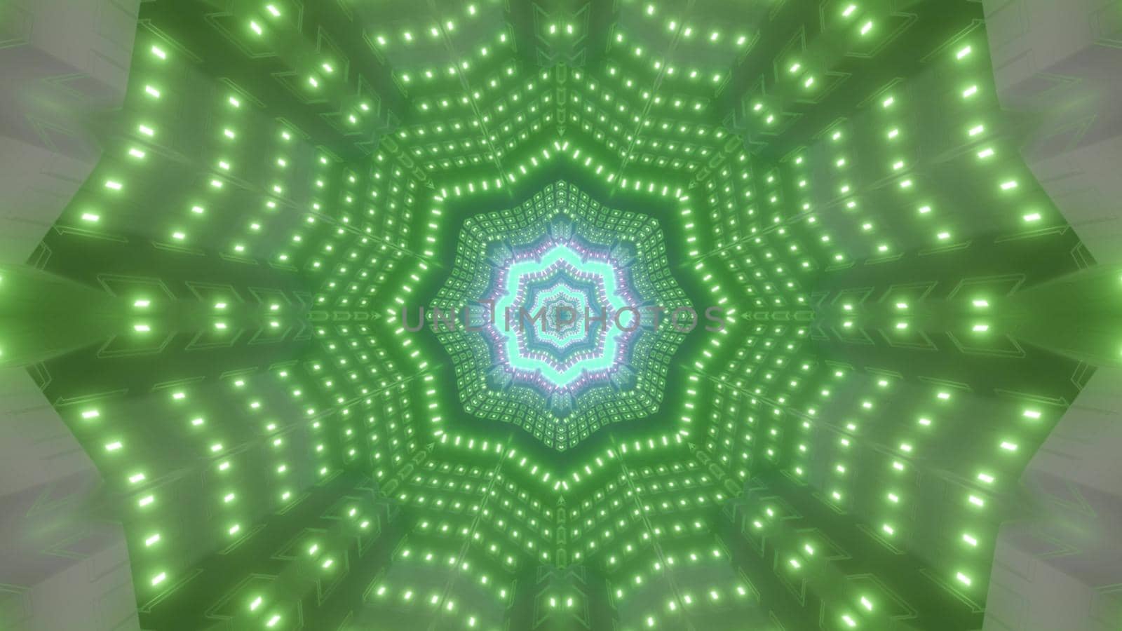Abstract 3D illustration of bright star shaped tunnel illuminated with many green neon lamps