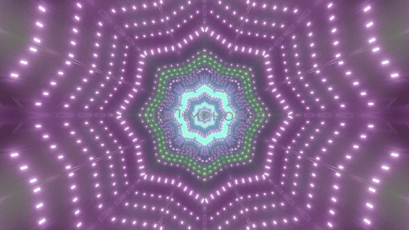 Symmetric 3D illustration of abstract star shaped tunnel illuminated with neon purple lamps