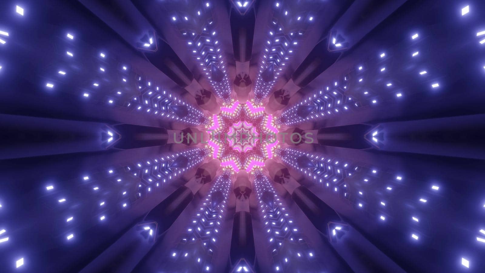 3D illustration of dark violet tunnel with many bright lamps glowing with neon light