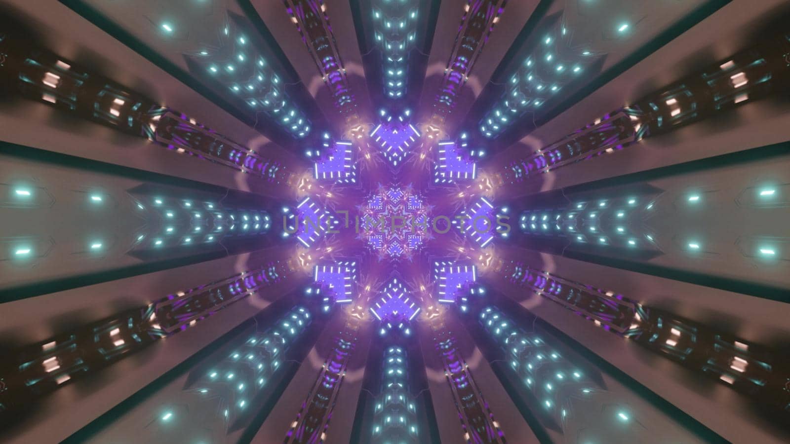 Abstract 3D illumination of symmetric tunnel illuminated with bright neon lamps of various colors