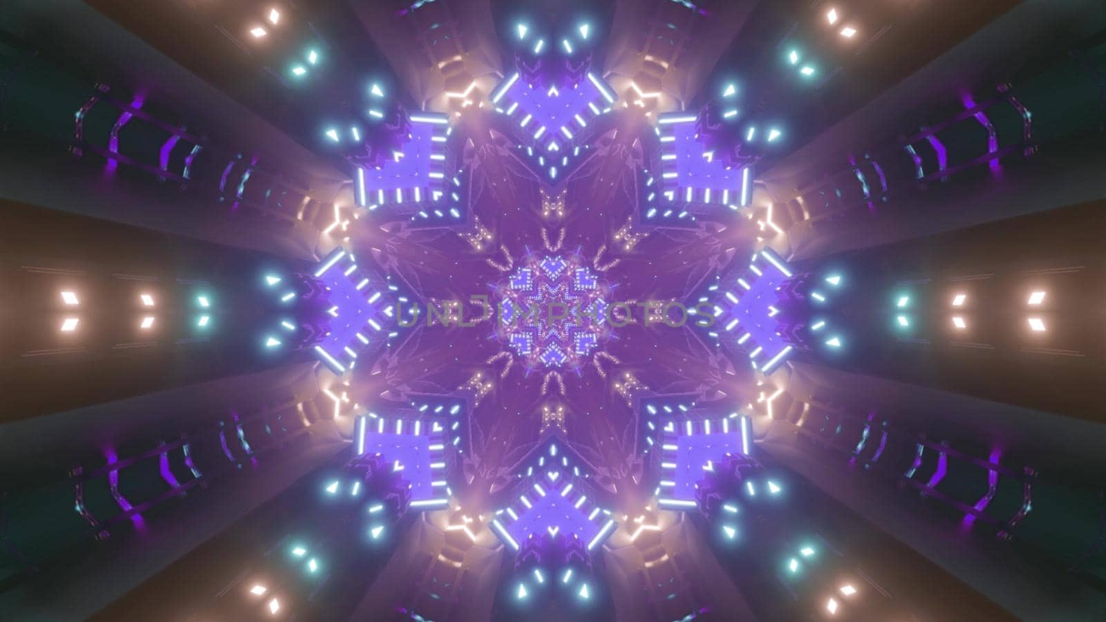 3D illustration of futuristic tunnel with bright neon lamps forming flower shaped ornament