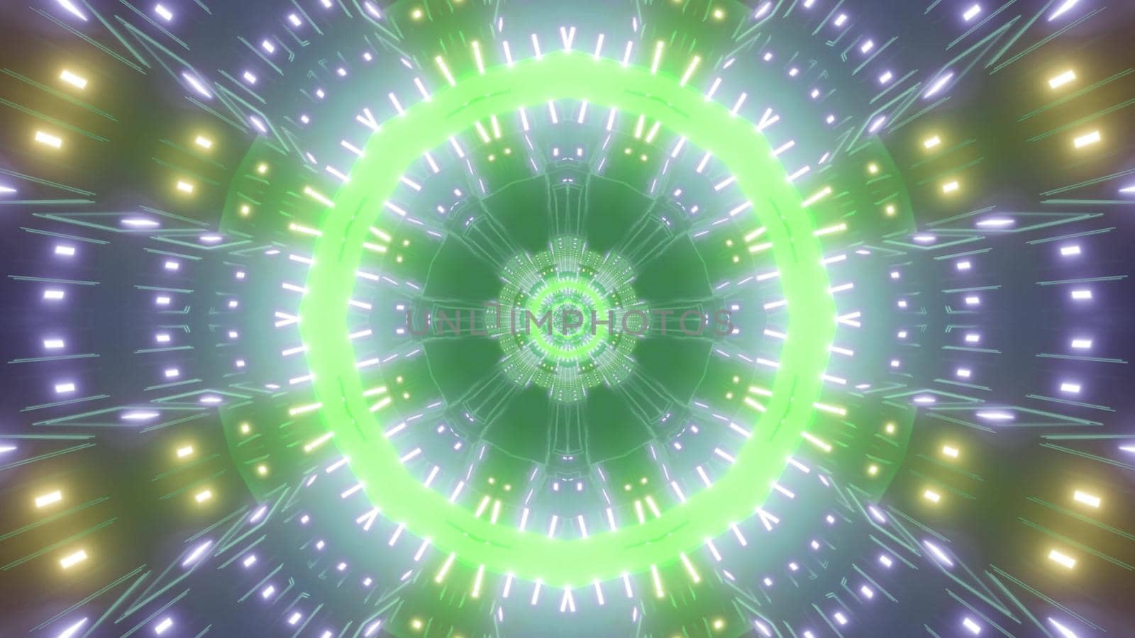 Geometric 3D illustration of round futuristic tunnel illuminated with bright colorful neon lamps