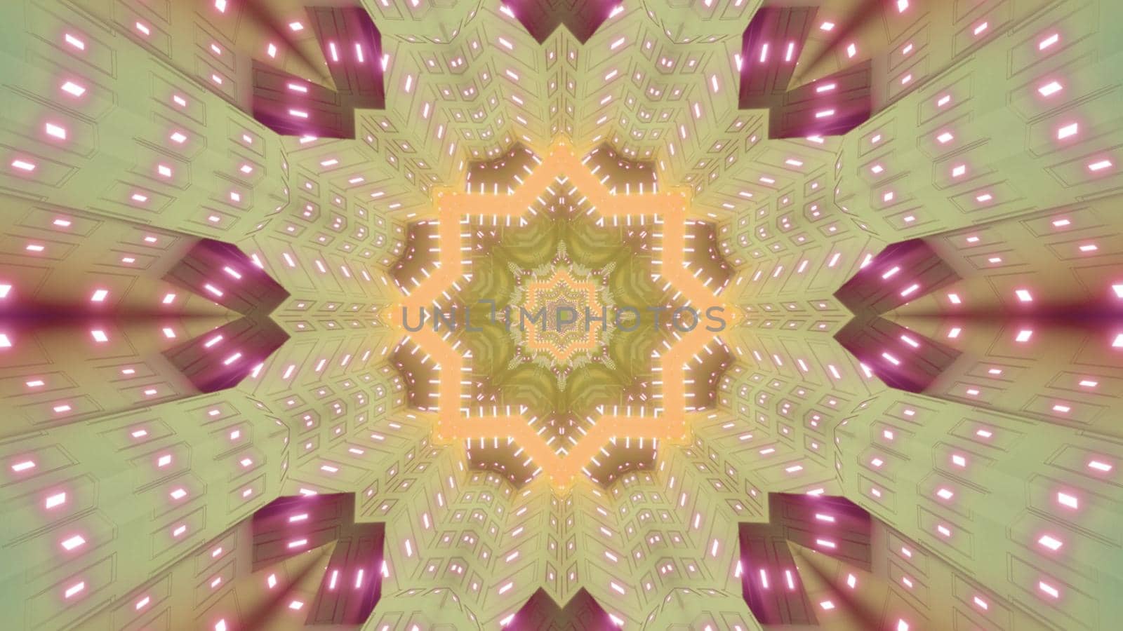Abstract 3D illustration of symmetric star shaped ornament glowing with neon light and forming kaleidoscopic tunnel