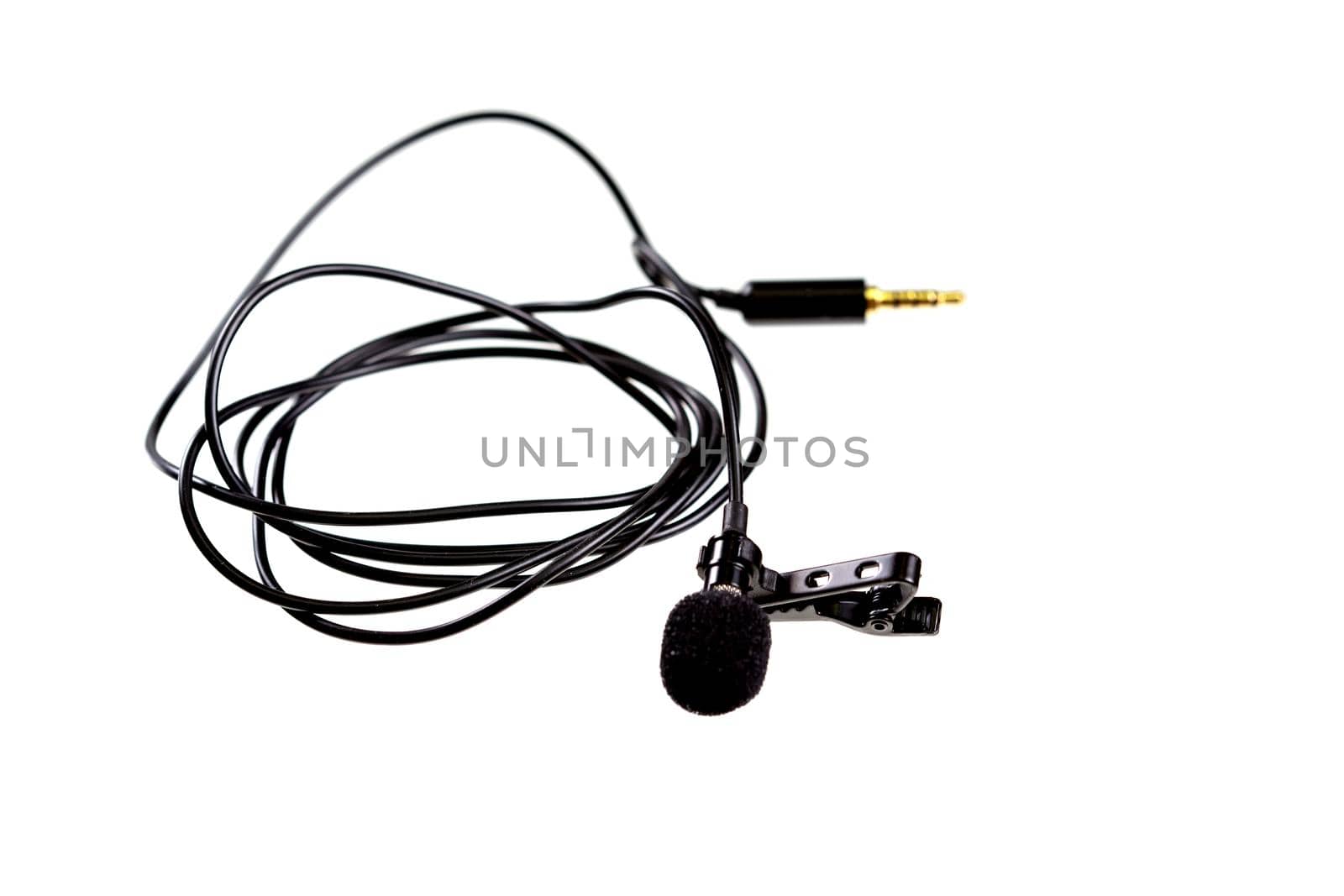 Small lavalier microphone or lapel mic with clip on white background. by galinasharapova