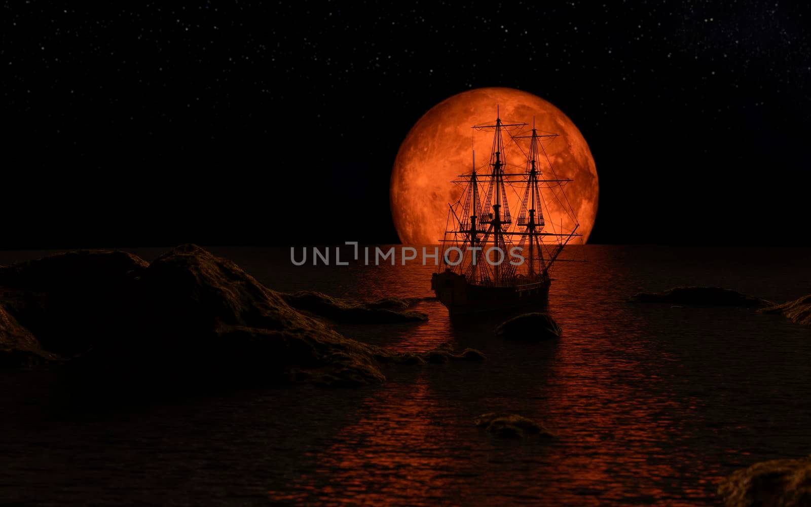 Sailboat at the full red moon by ankarb