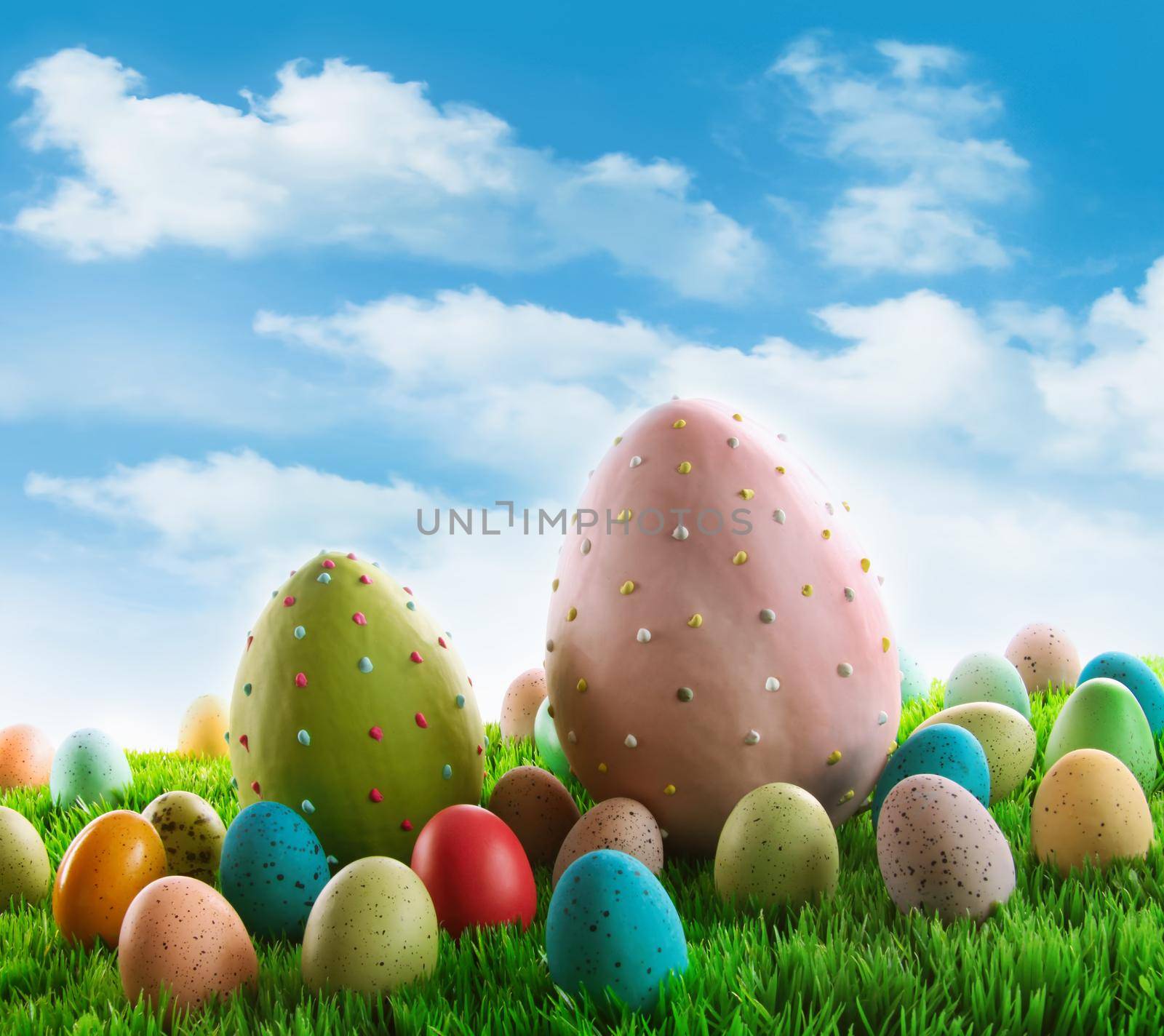 Decorated eggs in the grass with sky in background