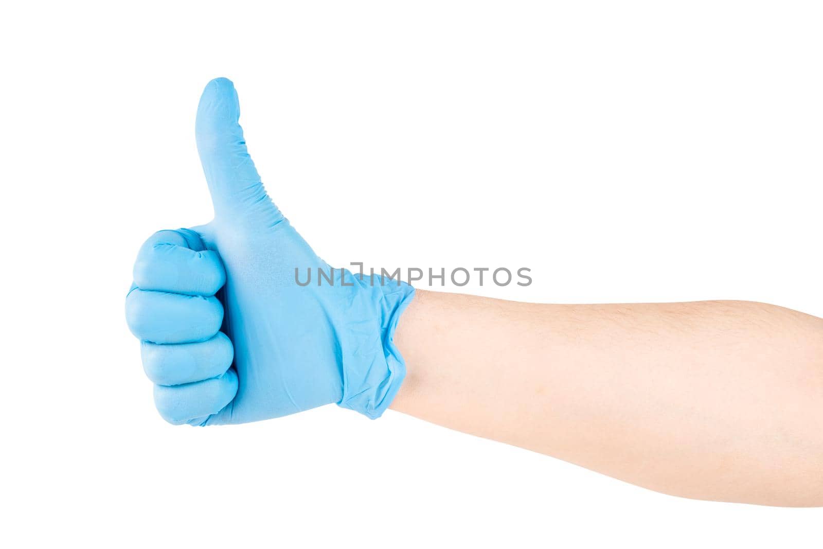 right caucasian hand in blue latex medical glove showing thumb up gesture, isolated on white background