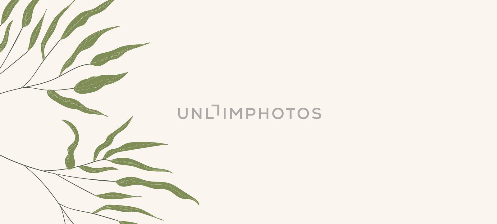 Floral web banner with drawn color exotic leaves. Nature concept design. Modern floral compositions with summer branches. Vector illustration on the theme of ecology, natura, environment.