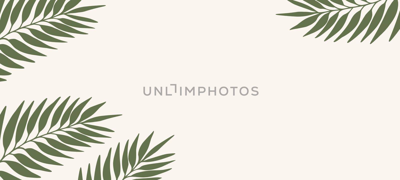 Floral web banner with drawn color exotic leaves. Nature concept design. Modern floral compositions with summer branches. Vector illustration on the theme of ecology, natura, environment.