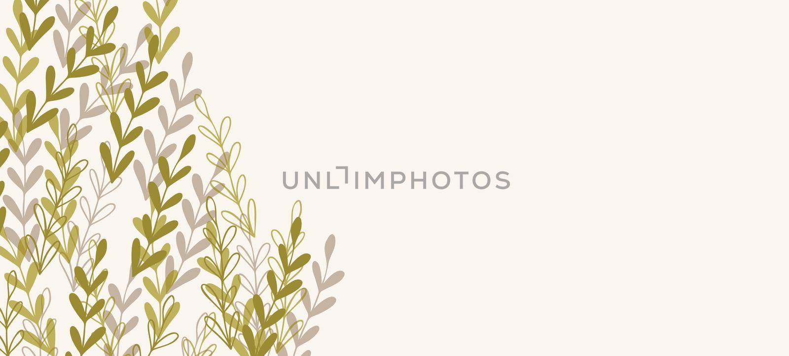 Floral web banner with drawn color exotic leaves. Nature concept design. Modern floral compositions with summer branches. Vector illustration on the theme of ecology, natura, environment by allaku