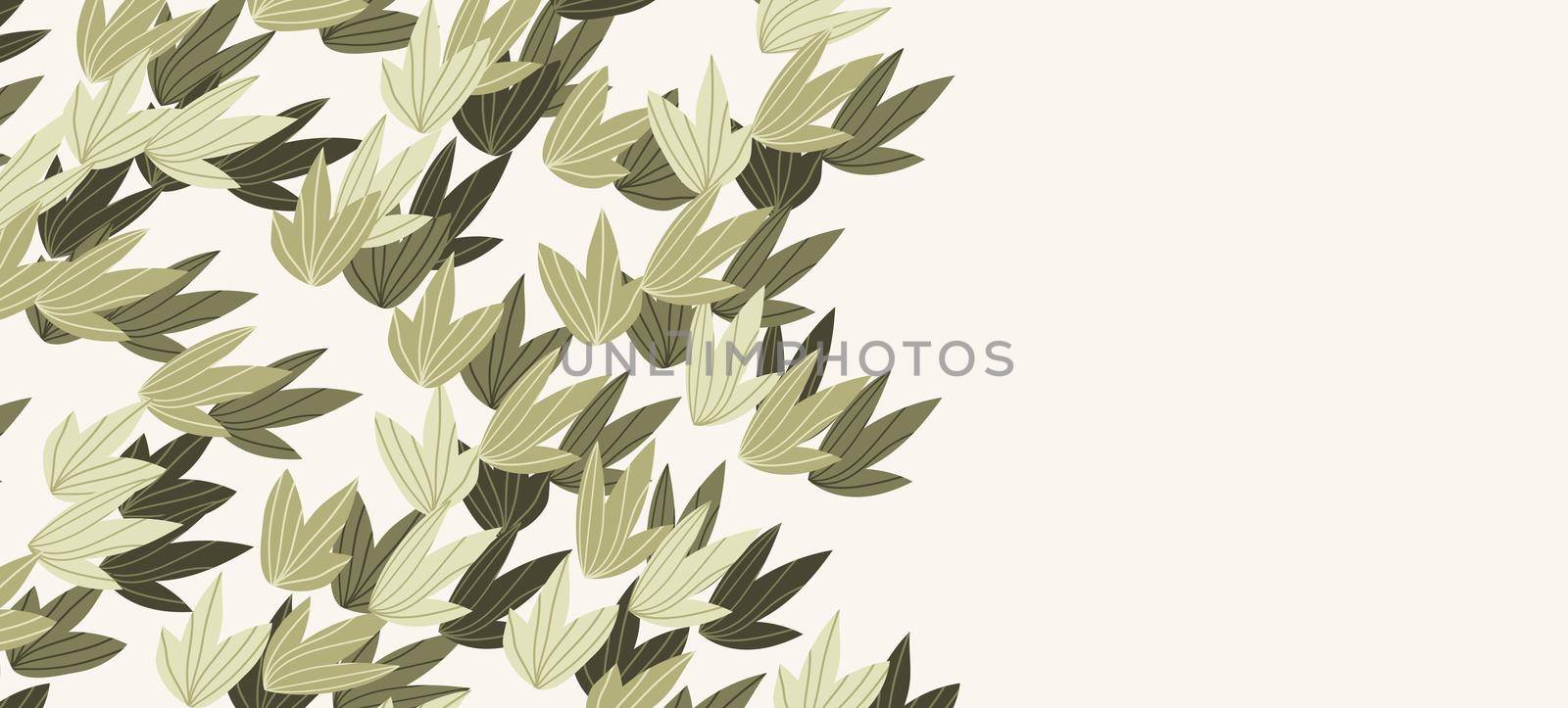 Floral web banner with drawn color exotic leaves. Nature concept design. Modern floral compositions with summer branches. Vector illustration on the theme of ecology, natura, environment by allaku