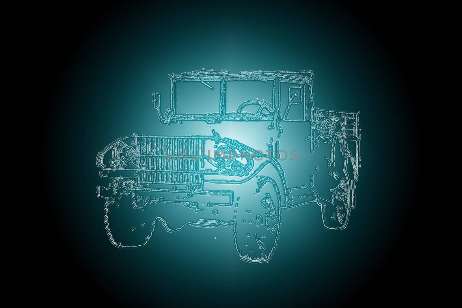 Image of an old army jeep parked in the studio, isolated on white background