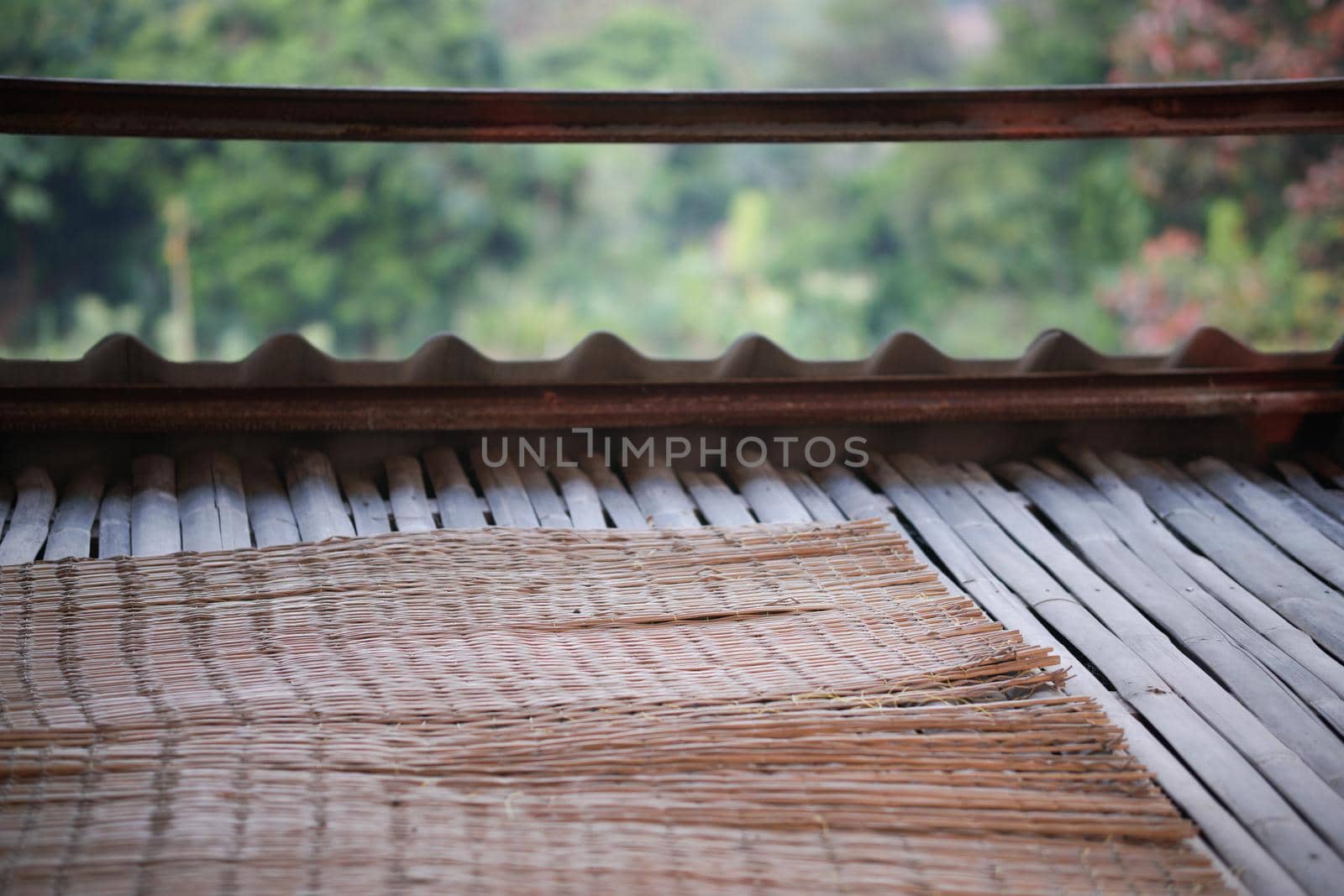 bamboo floor and mat in terrace balcony with nature background