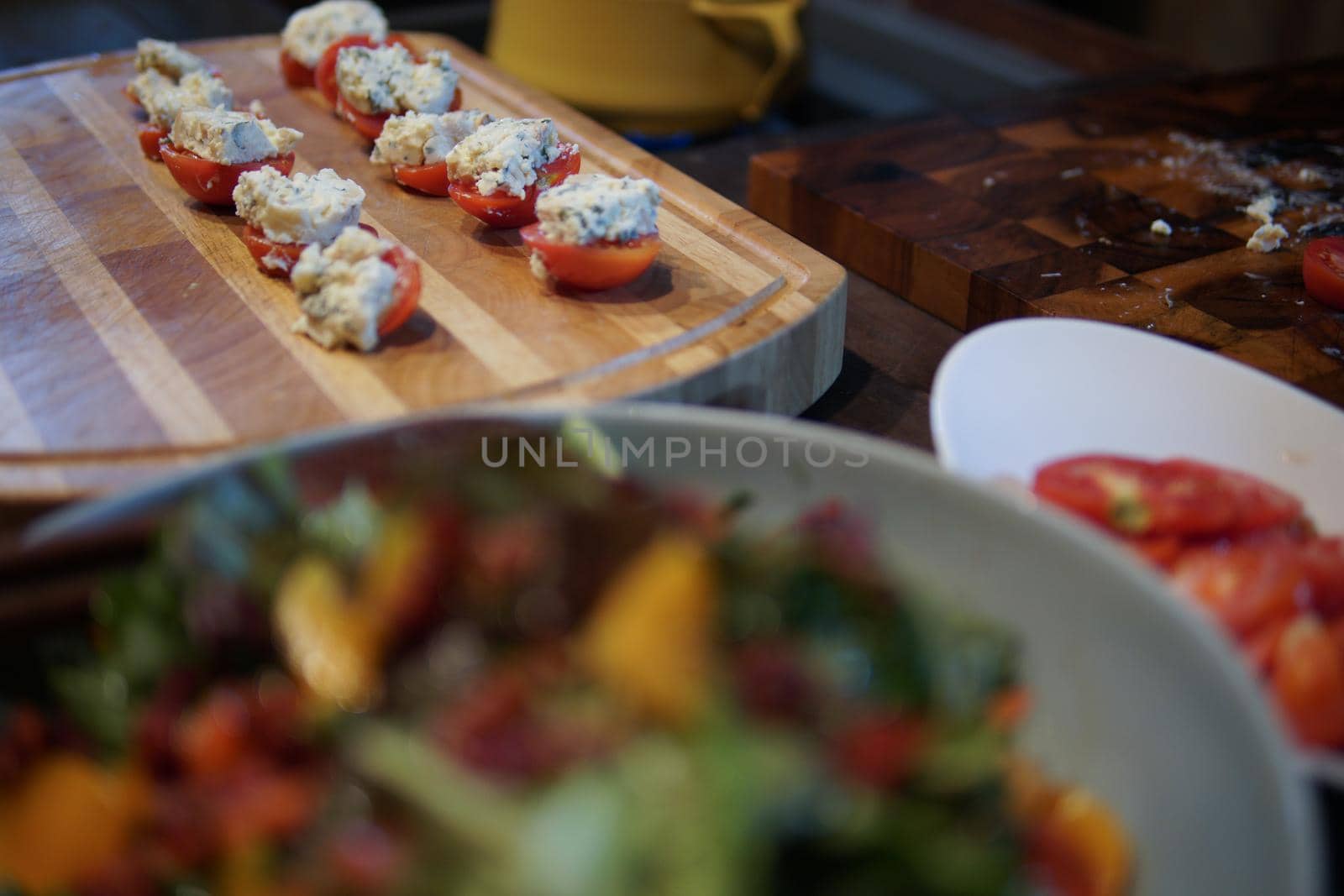 tomatoes with farmer paneer cottage cheese. vegetarian meal snack appetizer.