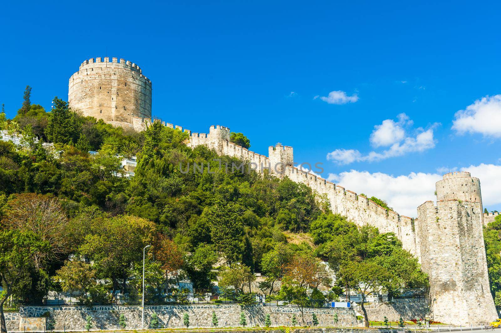 Ancient medieval castle Rumeli Hisari built on a hill above a Bosphorus in Istanbul in Turkey. The fortress was constructed by Ottoman Turks in 15th century before the siege of Byzantine capital Constantinople