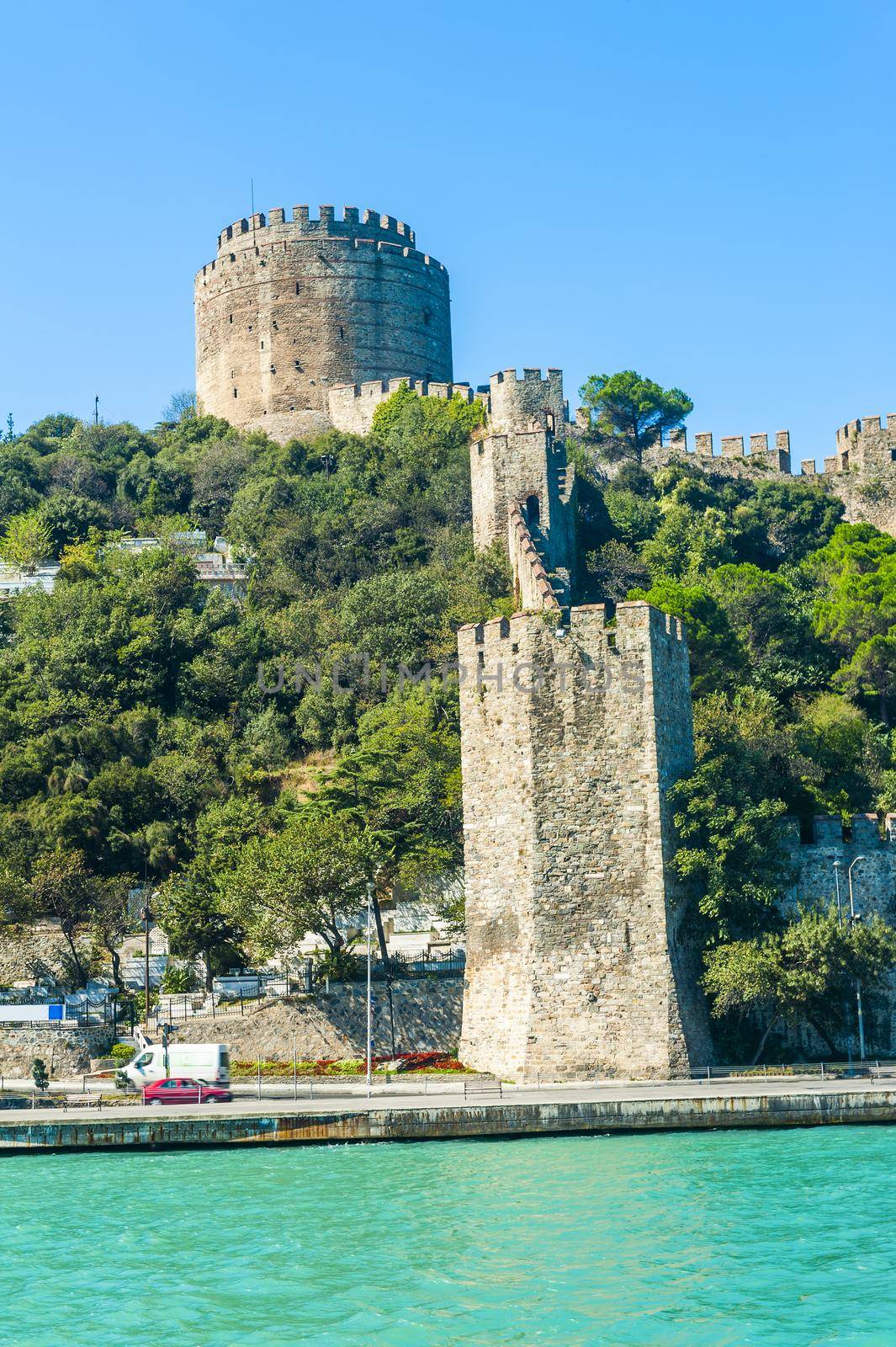 Ancient medieval castle Rumeli Hisari built on a hill above a Bosphorus in Istanbul in Turkey. The fortress was constructed by Ottoman Turks in 15th century before the siege of Byzantine capital Constantinople
