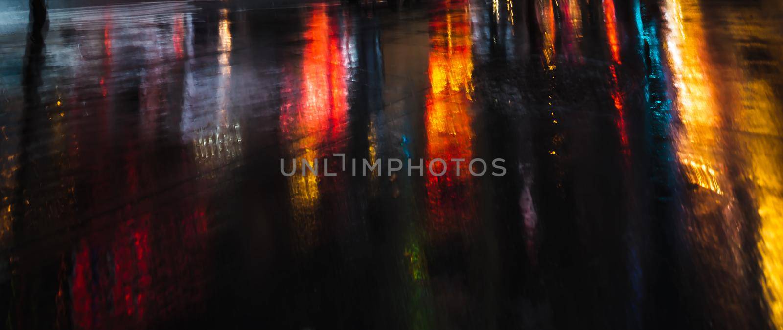 Illumination and neon night lights of NYC. Abstract image of neon lights on the streets of New York City. Multiple exposure and intentional motion blur