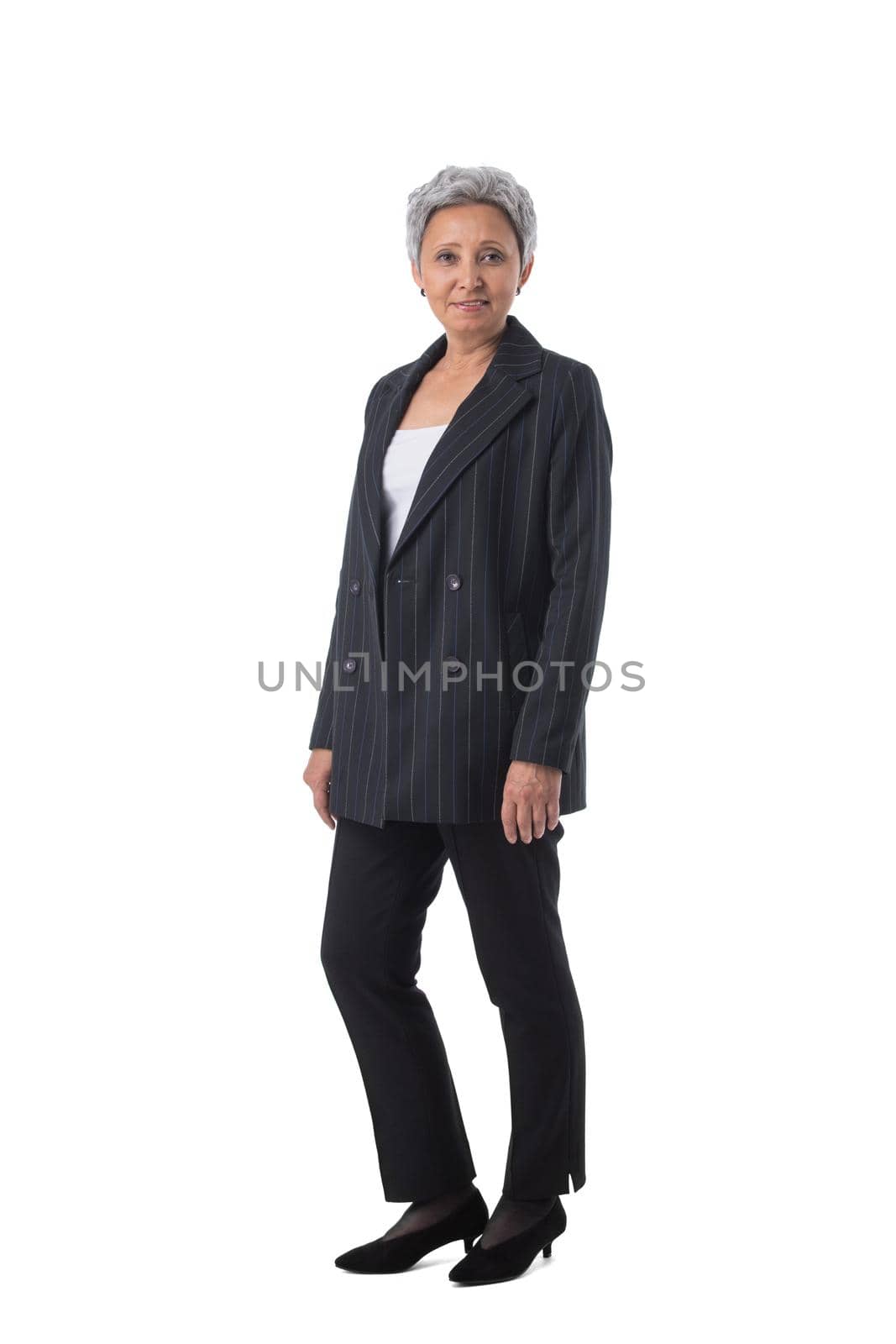 Full length portrait of happy beautiful mature asian woman isolated on white background, business people