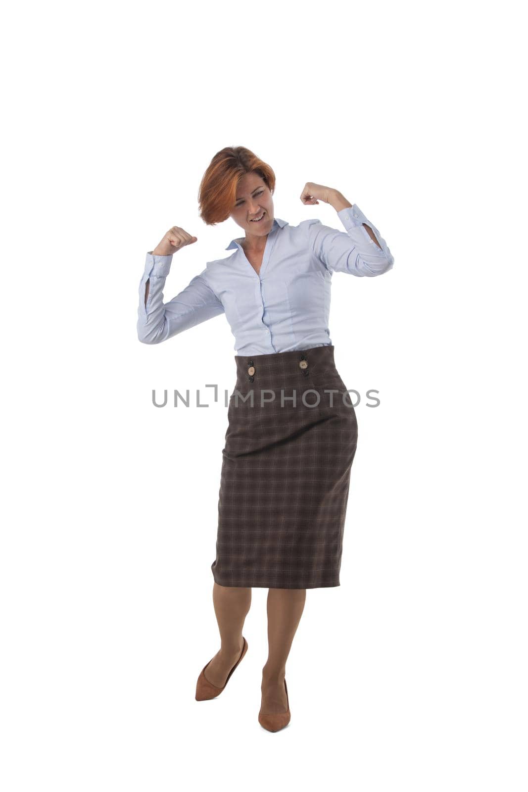 Full length portrait of strong business woman shows force of hands, studio isolated on white background, business people