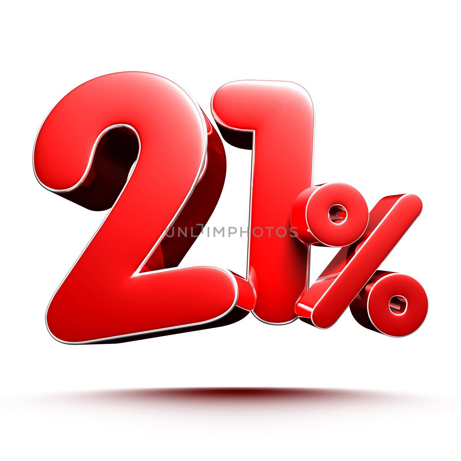 21 percent red on white background illustration 3D rendering with clipping path.