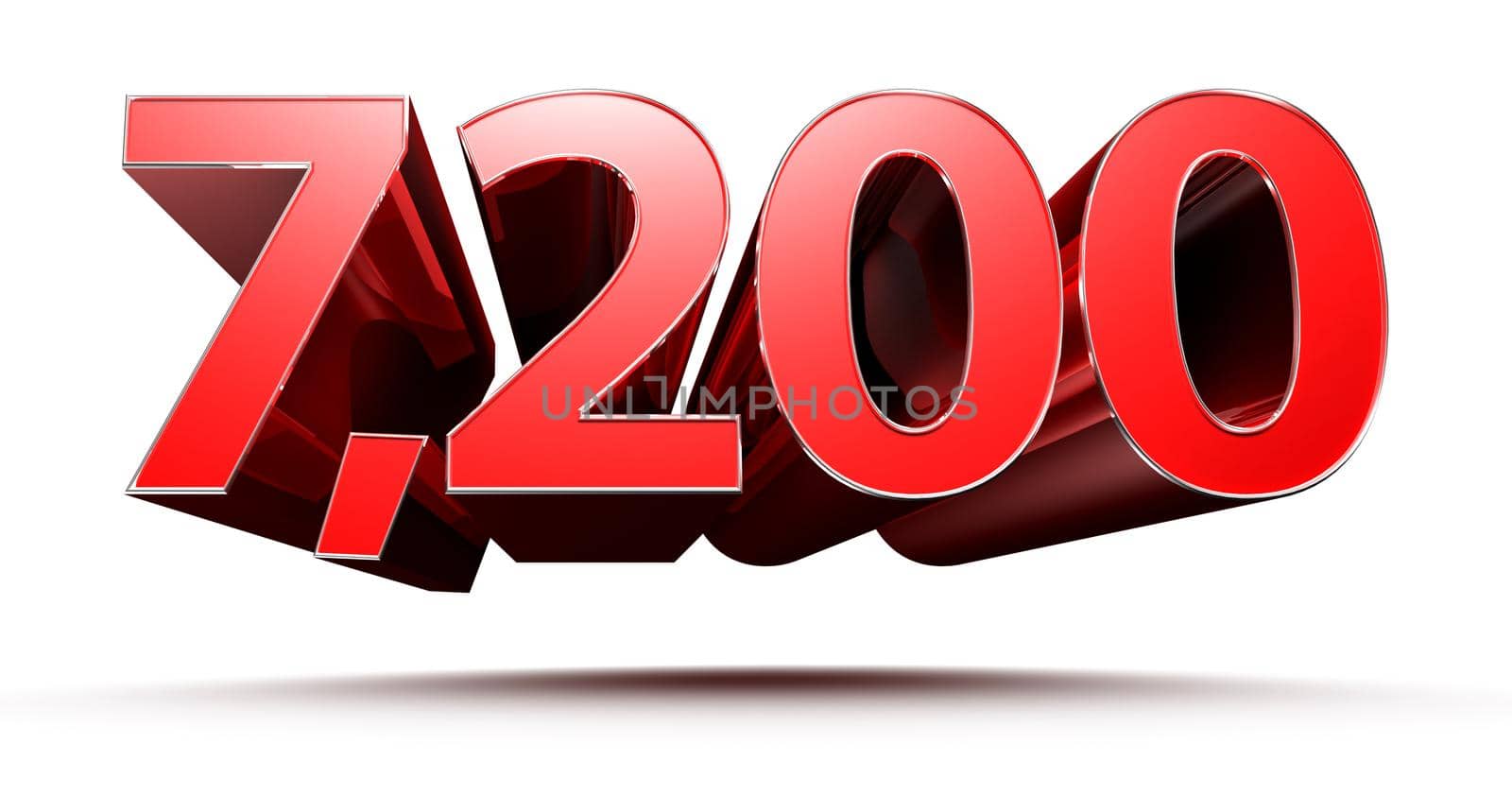 Number 7200 3D illustration on white background with clipping path.