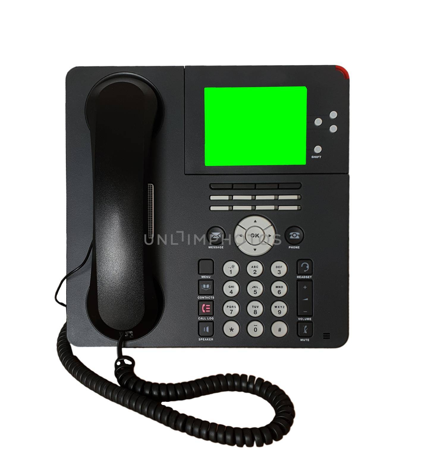 Office black IP telephone with green screen by hamik