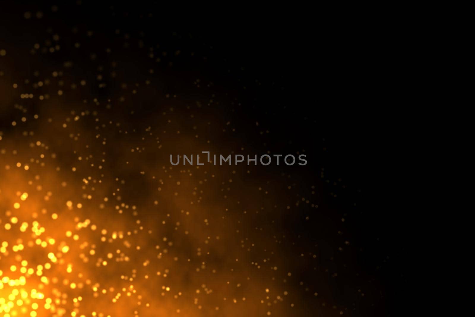 Abstract illustration of sparkling burning fire on dark black background with copy space on right side.