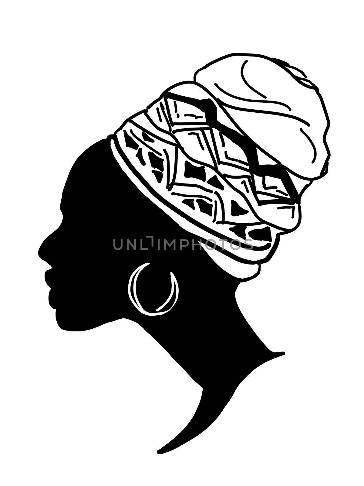 profile of an african woman with a traditional turban on her head and a ring in her ear.