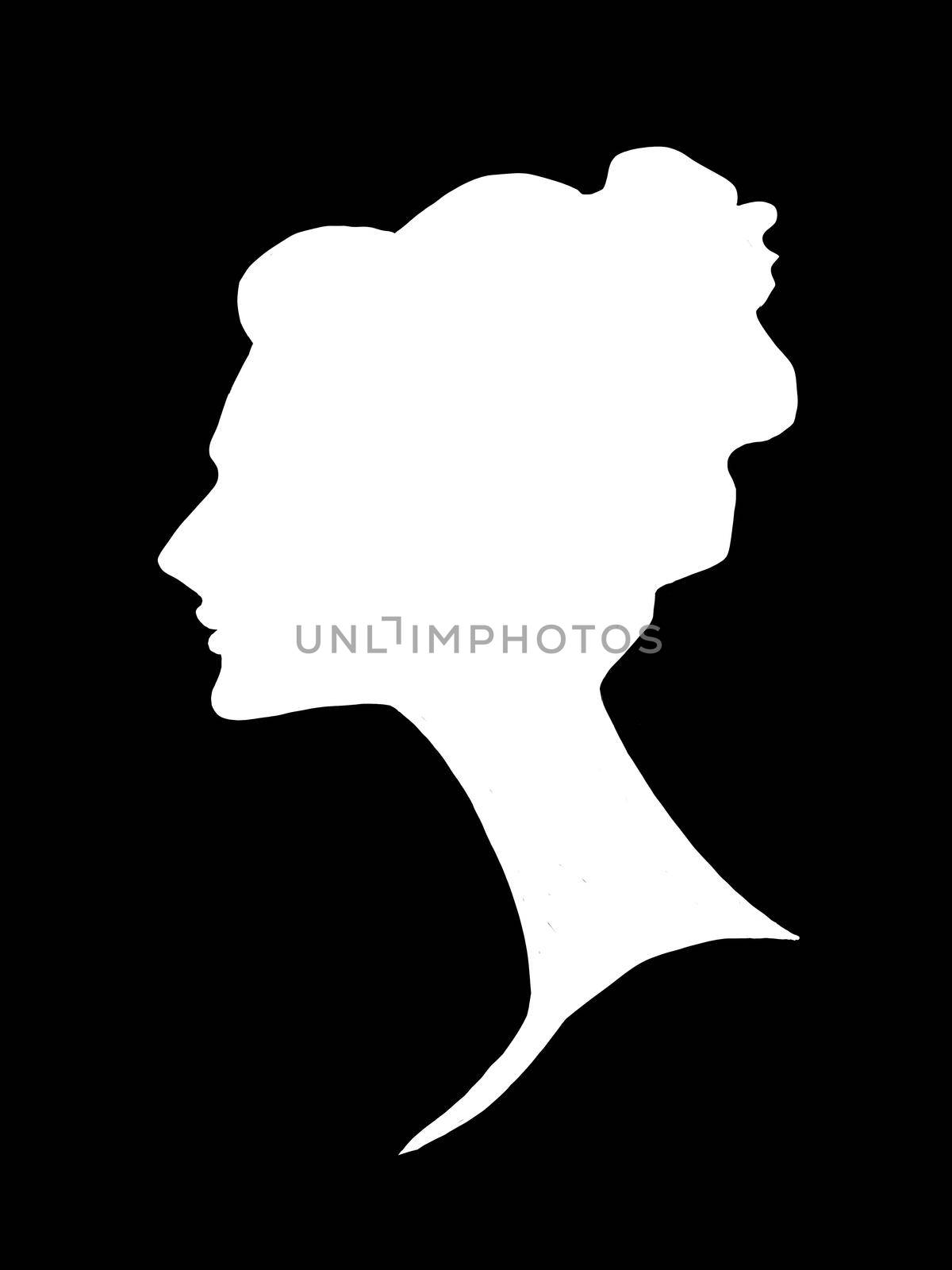 white profile silhouette of beautiful woman with high hairstyle on black background