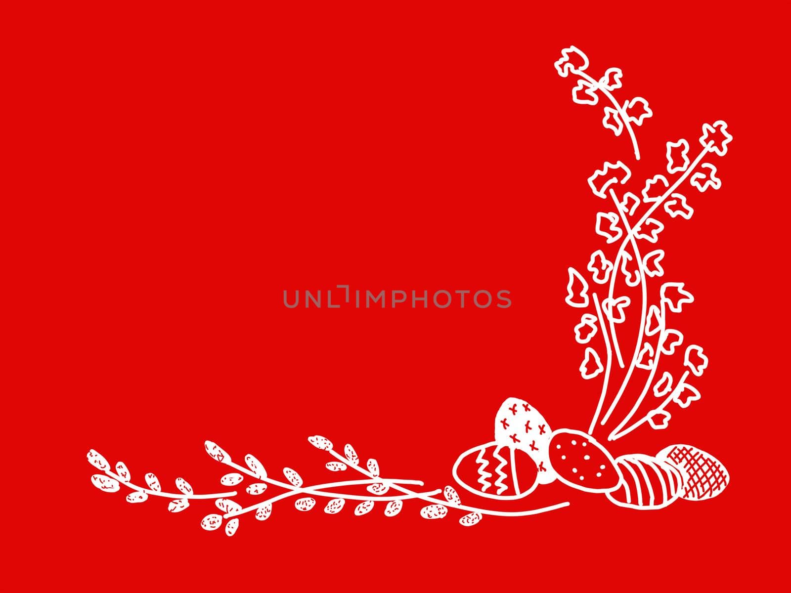 spring branches and decorated easter eggs on red background easter concept illustration, copy space