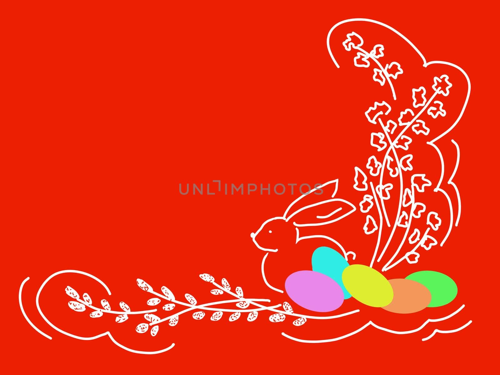 spring branches, rabbit and decorated easter eggs on red background easter concept illustration, copy space