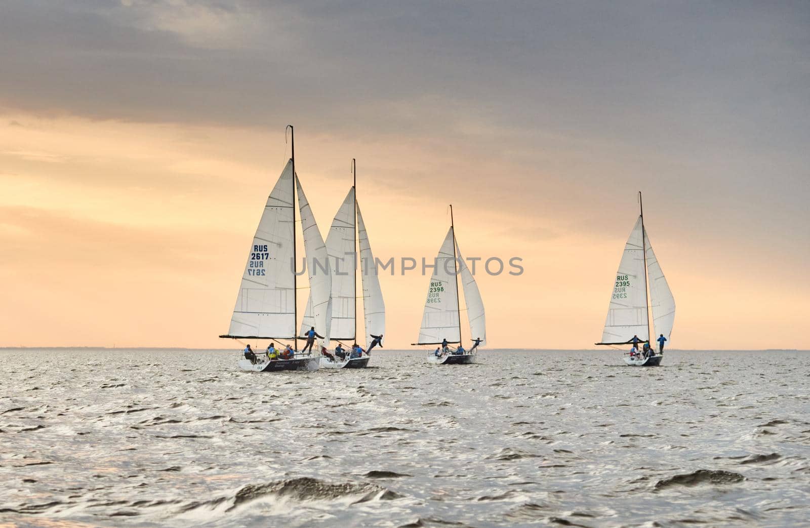 Russia, St.Petersburg, 05 September 2020: Some sailboats in a list goes by sea, the sky of pink color, the storm sky, regatta. High quality photo