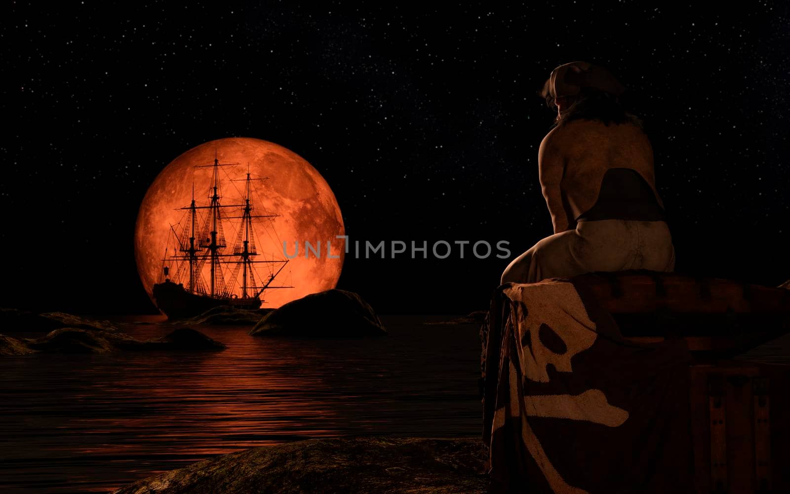 Pirate sailboat at the full red moon. The pirate man sitting on a treasure chest. 3d rendering.