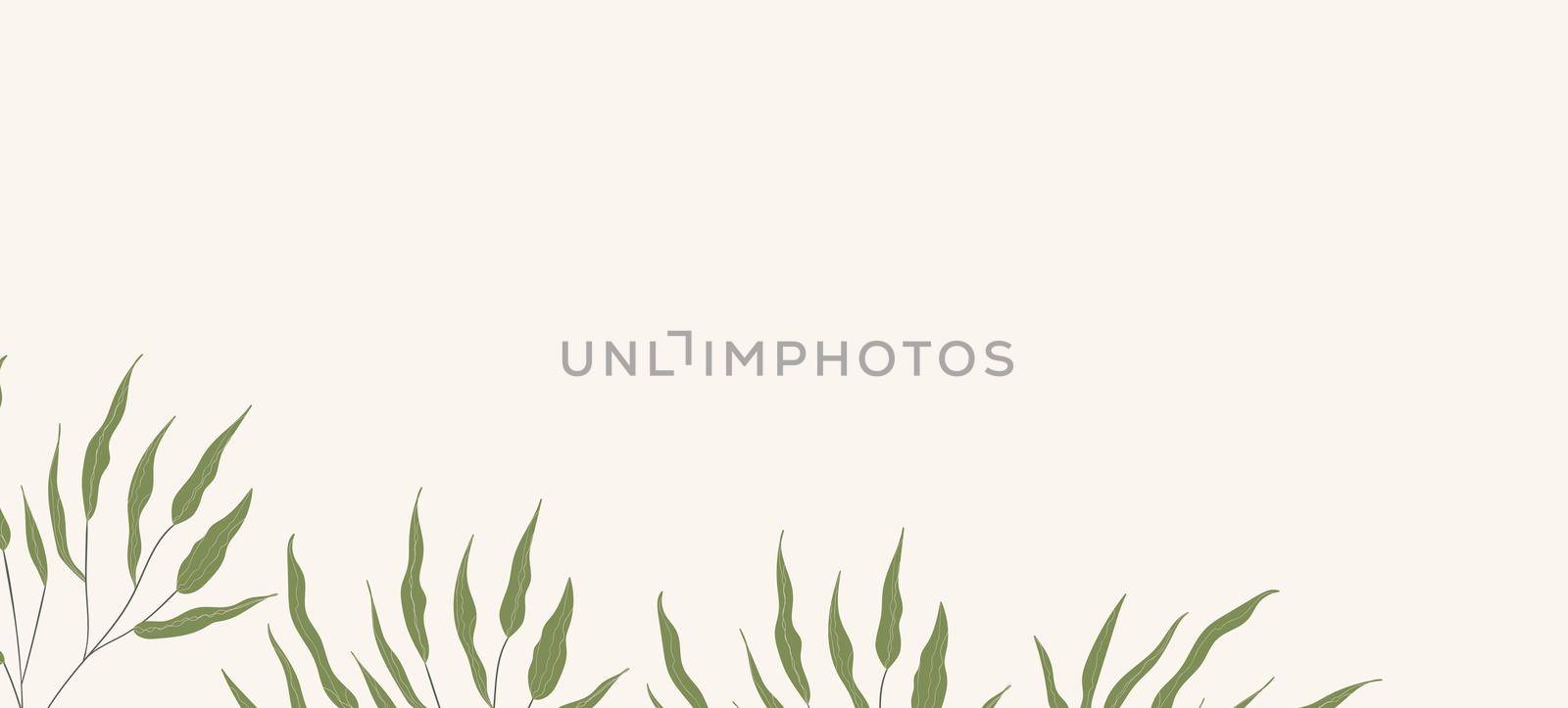 Floral web banner with drawn color exotic leaves. Nature concept design. Modern floral compositions with summer branches. Vector illustration on the theme of ecology, natura, environment.