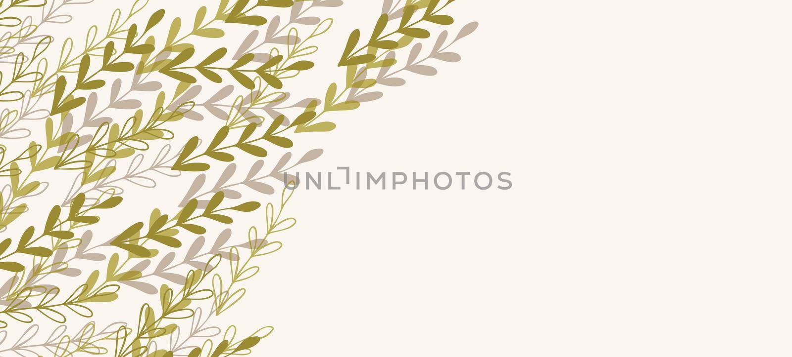 Floral web banner with drawn color exotic leaves. Nature concept design. Modern floral compositions with summer branches. Vector illustration on the theme of ecology, natura, environment by allaku