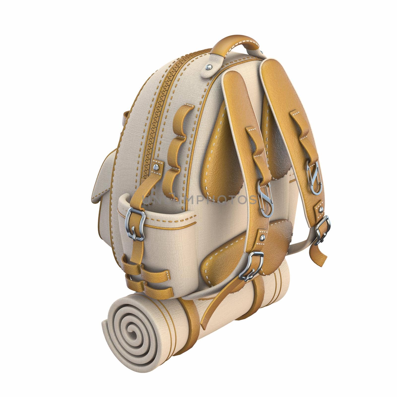 Canvas and leather backpack Back side view 3D render illustration isolated on white background
