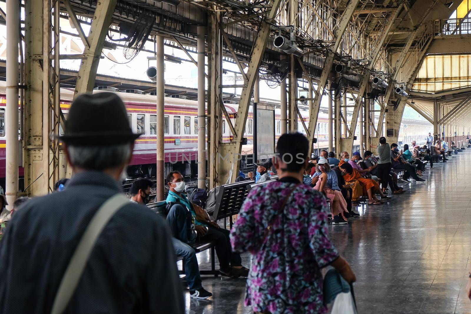 Bangkok, Thailand-March 19, 2021: Bangkok railway station,  people on the platform in Hua Lamphong railway station during COVID-19 epidemic situation.