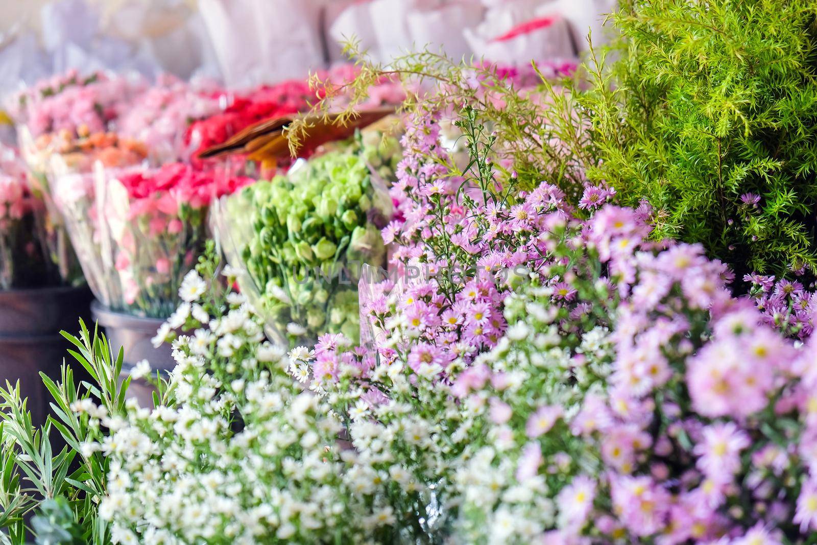 Close up image of Bouquet of colorful flowers in market