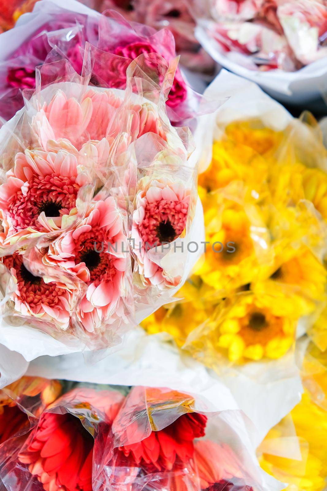 Close up image of Bouquet of colorful flowers in market