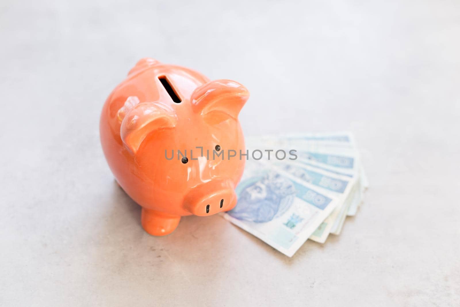 Piggy bank with polish paper money on concrete table - business or financial concept in vertical banner by ingalinder