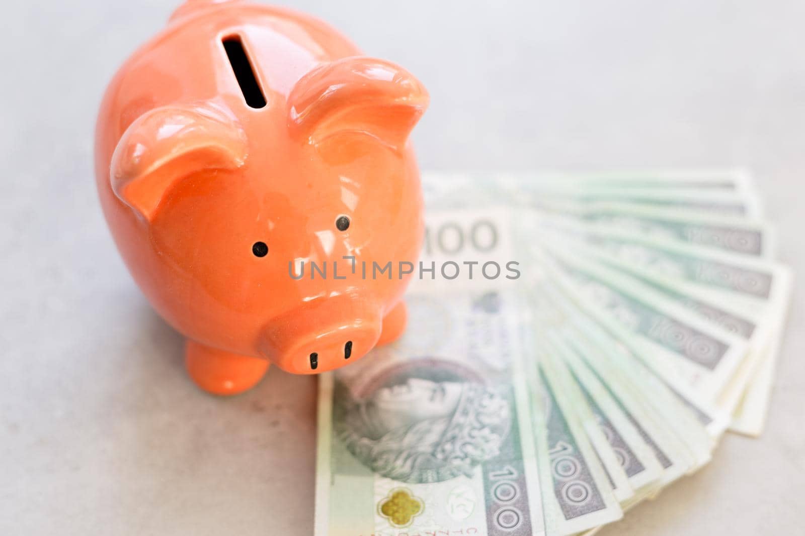 Piggy bank with polish money on concrete table - saving profit concept in horizontal banner