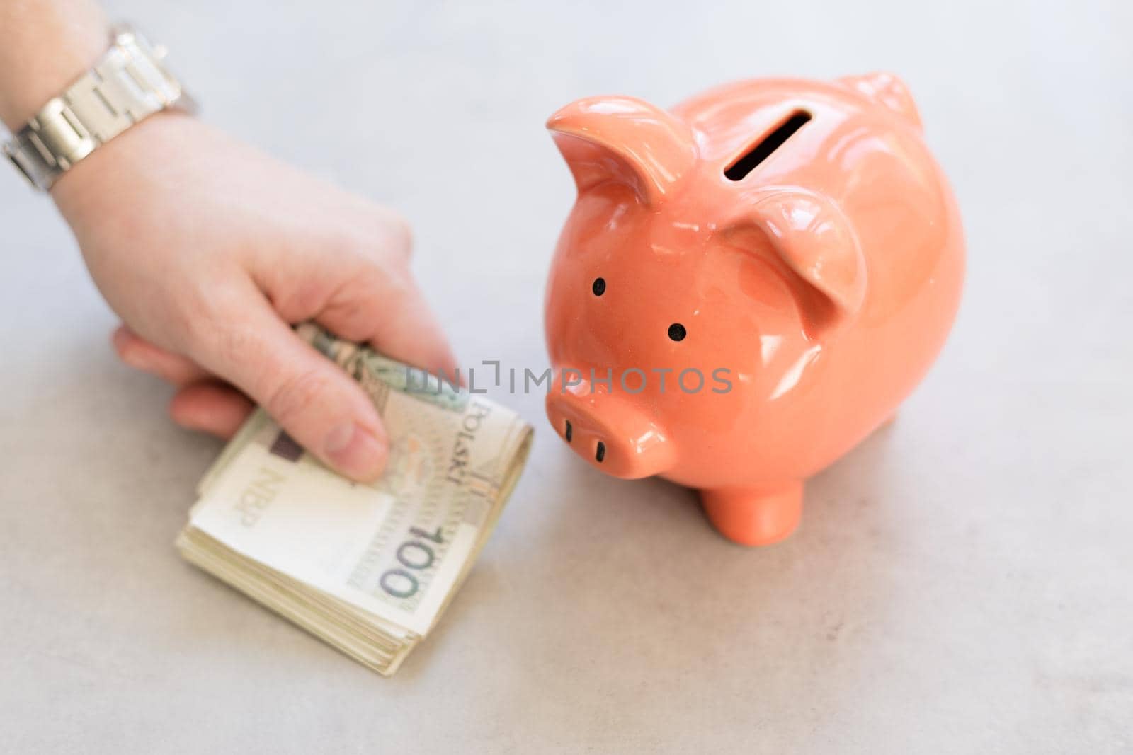 Piggy bank with polish money on concrete table - saving profit concept