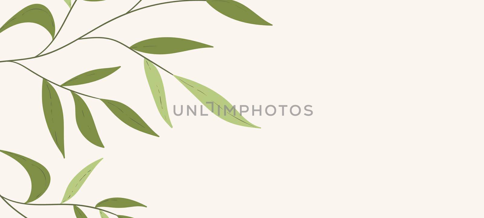 Floral web banner with drawn color exotic leaves. Nature concept design. Modern floral compositions with summer branches. Vector illustration on the theme of ecology, natura, environment by allaku