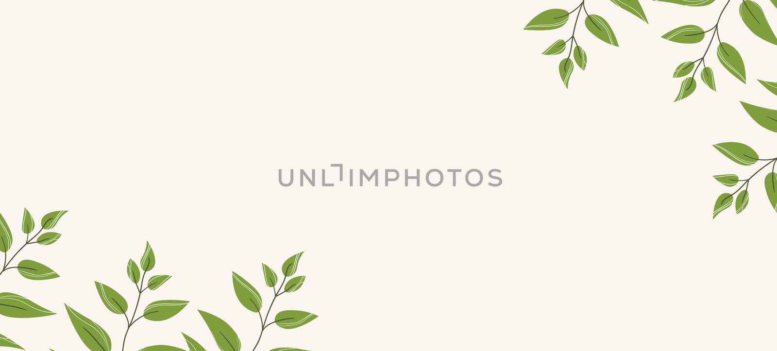 Floral web banner with drawn color exotic leaves. Nature concept design. Modern floral compositions with summer branches. Vector illustration on the theme of ecology, natura, environment by allaku