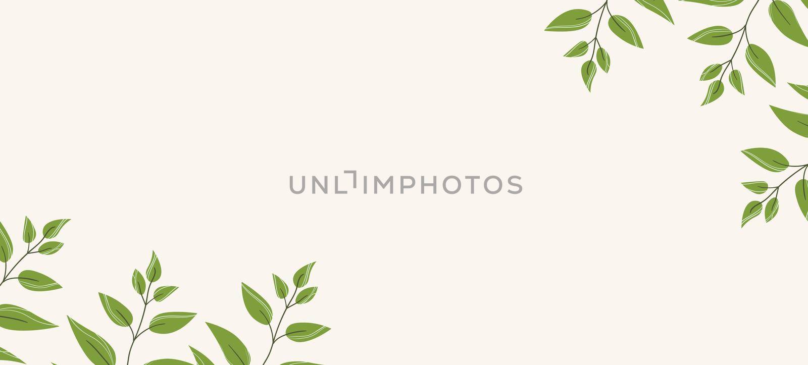 Floral web banner with drawn color exotic leaves. Nature concept design. Modern floral compositions with summer branches. Vector illustration on the theme of ecology, natura, environment.