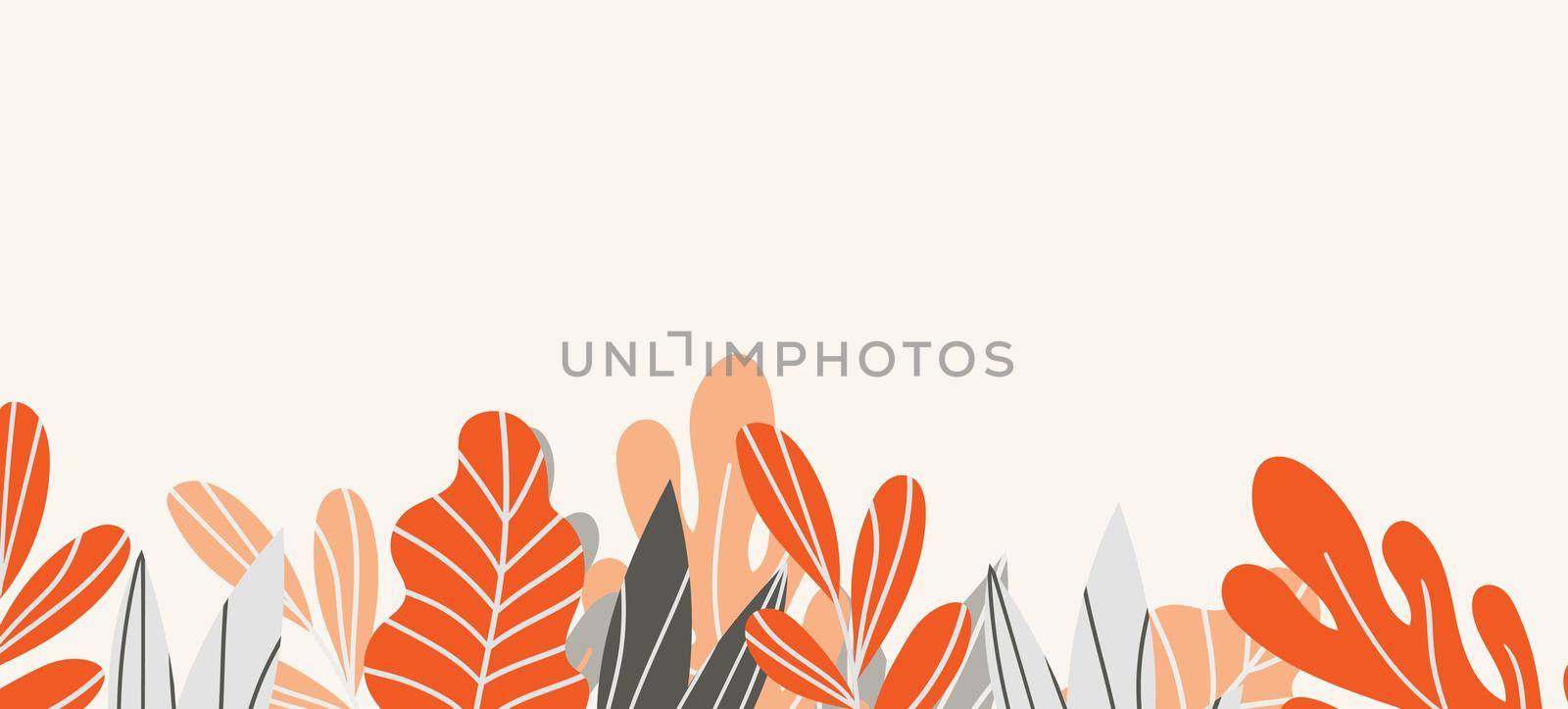 Floral web banner with drawn color exotic leaves. Nature concept design. Modern floral compositions with summer branches. Vector illustration on the theme of ecology, natura, environment.