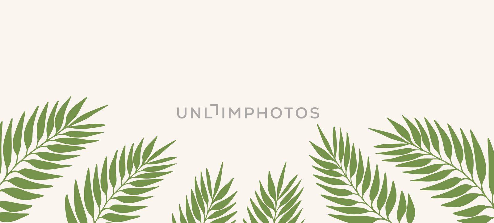 Floral web banner with drawn color exotic leaves. Nature concept design. Modern floral compositions with summer branches. Vector illustration on the theme of ecology, natura, environment.