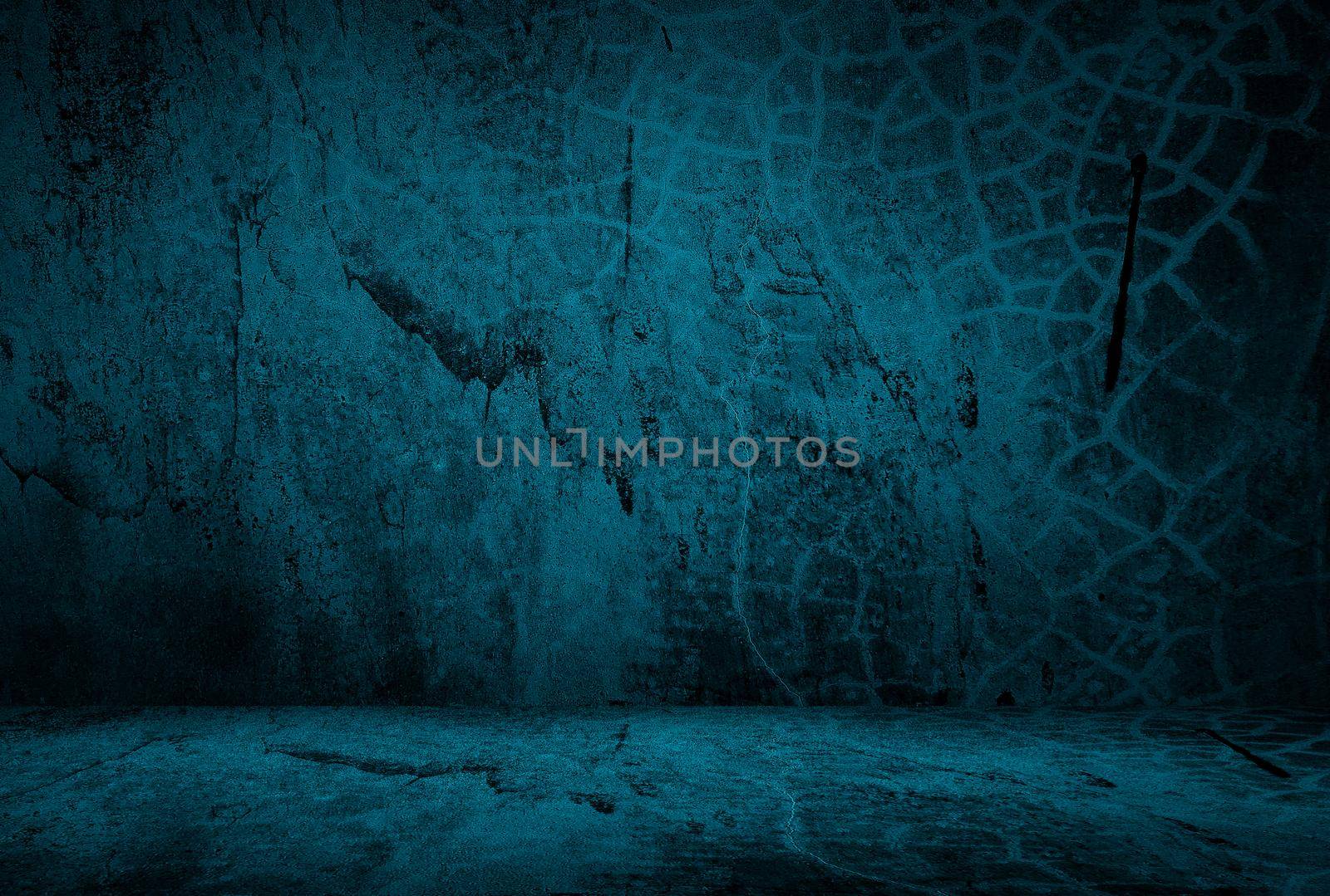 Vintage grunge blue concrete texture studio wall background with vignette. by Benzoix