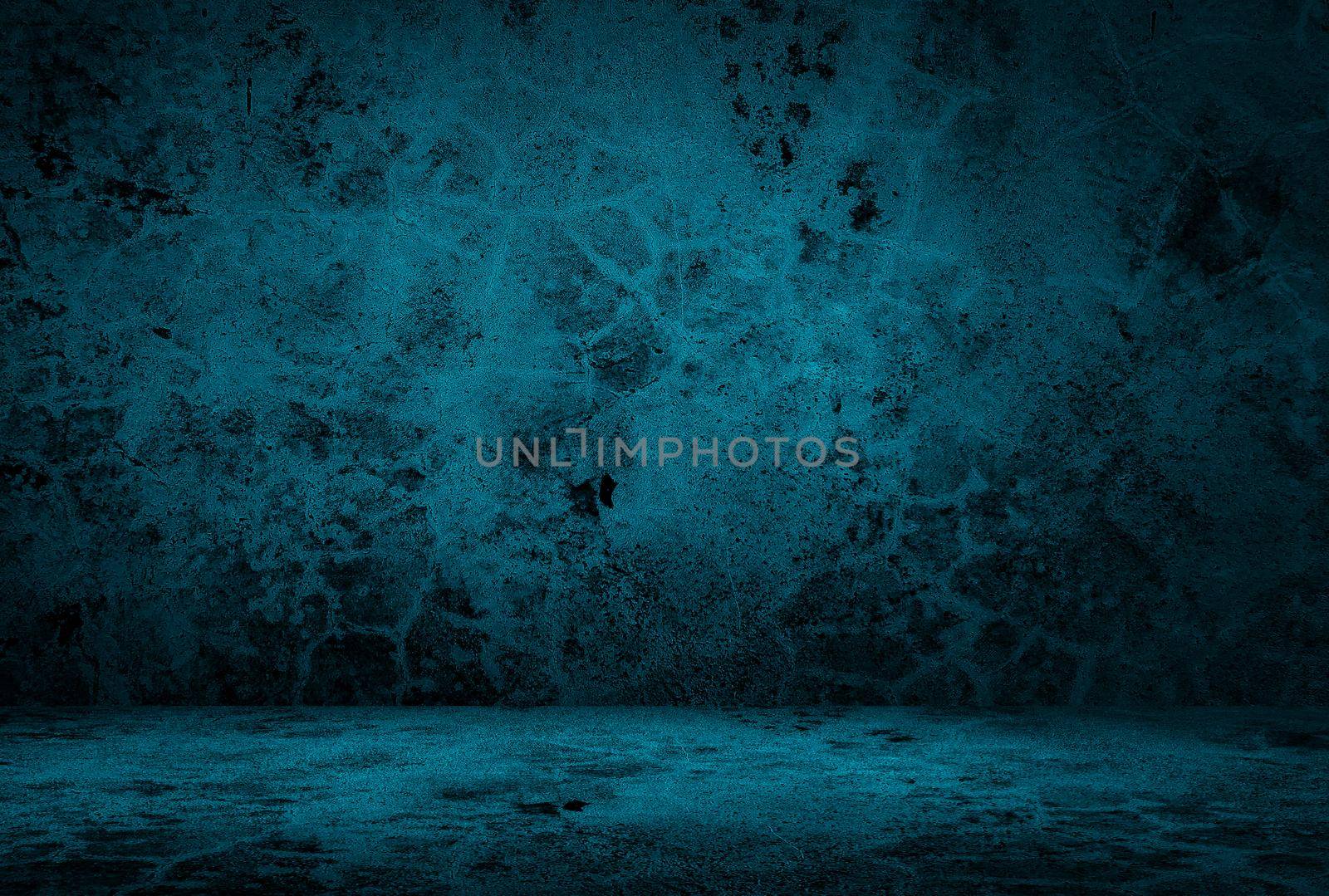 Vintage grunge blue concrete texture studio wall background with vignette